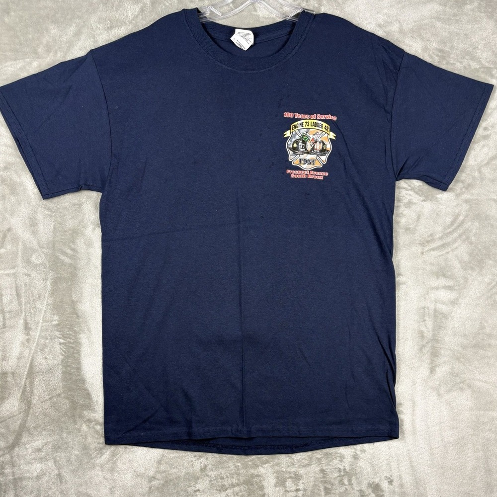 VTG Gildan FDNY Engine 73 Ladder 42 100‎ Years of Service Shirt Mens L Navy Blue